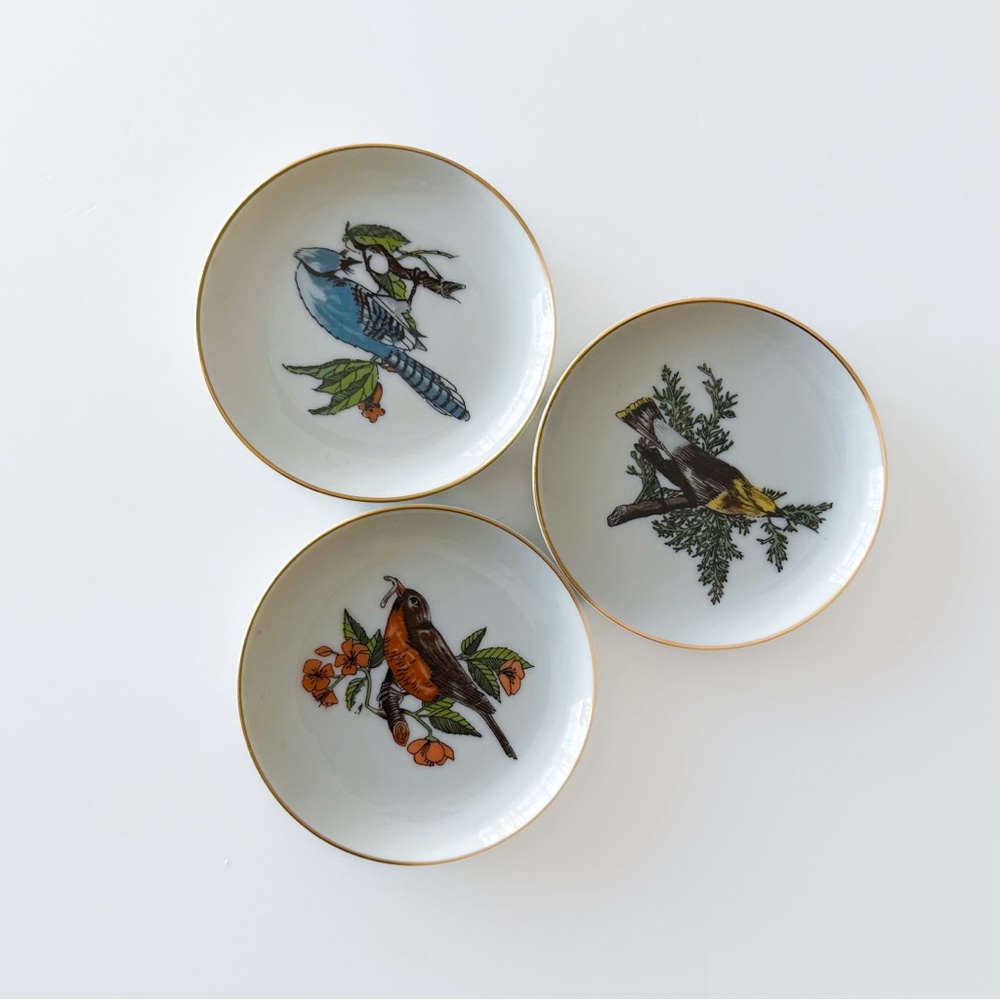 Set 3 Bird Gold Trim Vintage Mini Trinket Neiman Marcus Plates Fitz Floyd